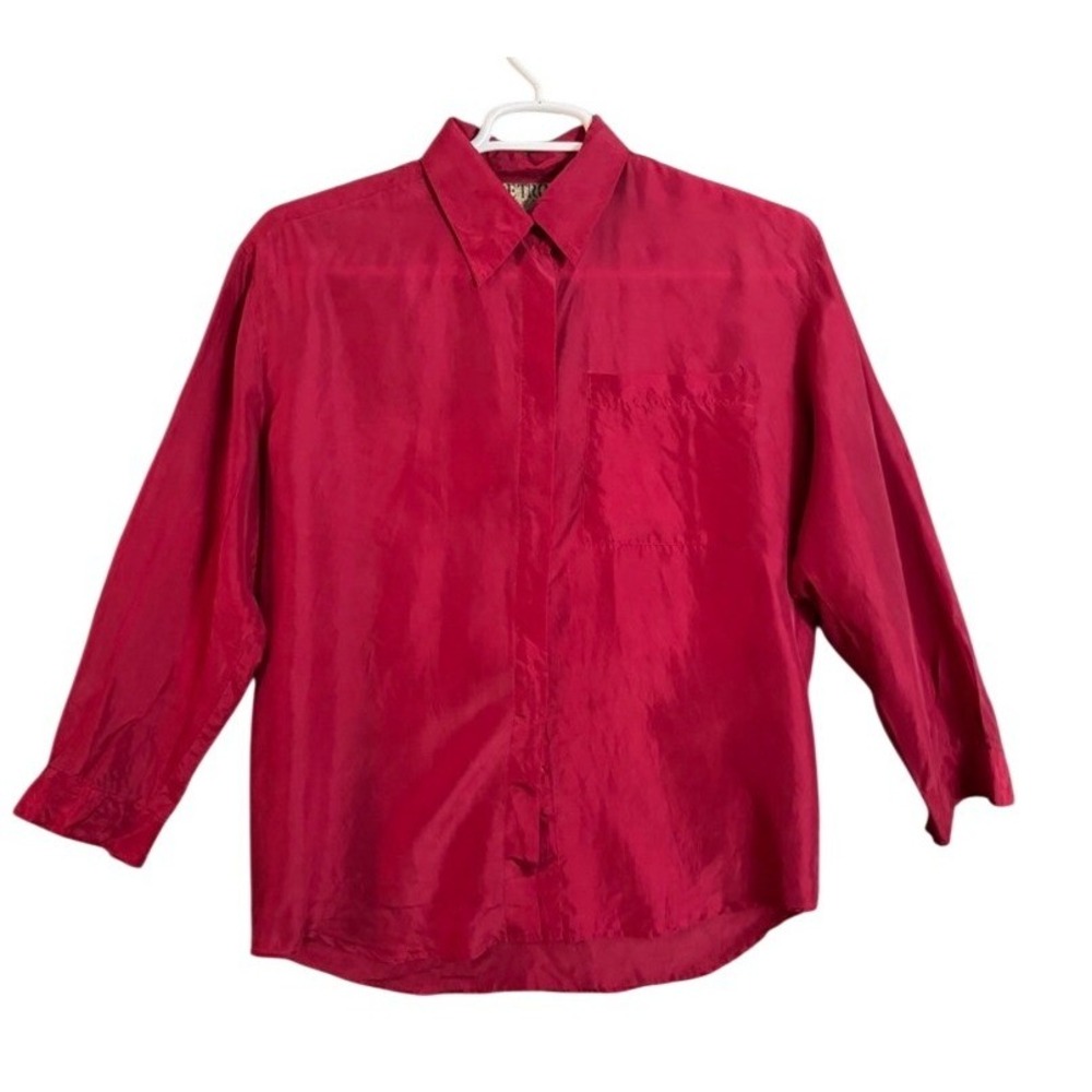 Retro Magenta Pink 100% Silk Long Sleeve Button Down Shirt Small Hidden Placket